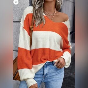 Orange Stripe Loose Color Block Drop Shoulder Bubble Sleeve Sweater